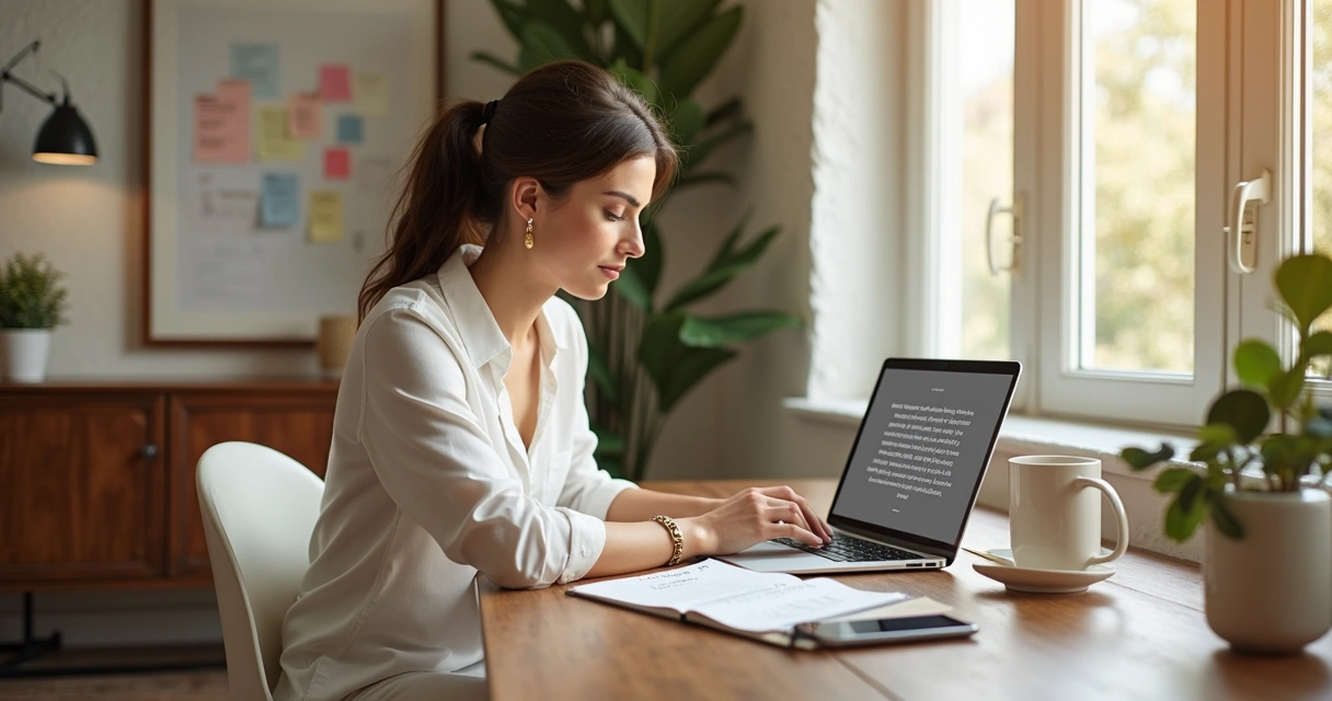 Mulher escrevendo texto de vendas no notebook com anotações ao lado 