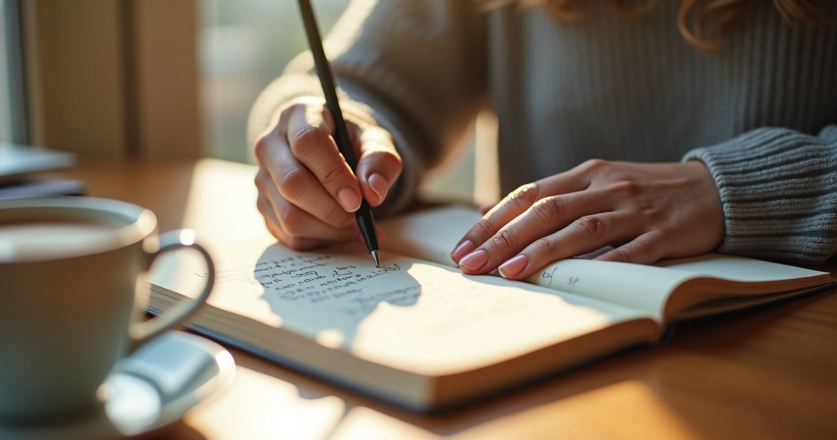 Mulher escrevendo crenças em um caderno 