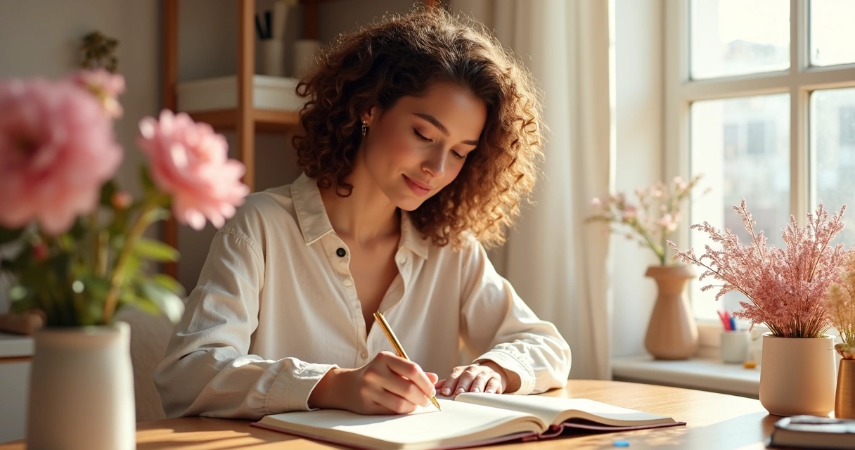 Mulher escrevendo em caderno ao lado de uma Bíblia aberta, com caneta dourada, ambiente aconchegante e decoração feminina 