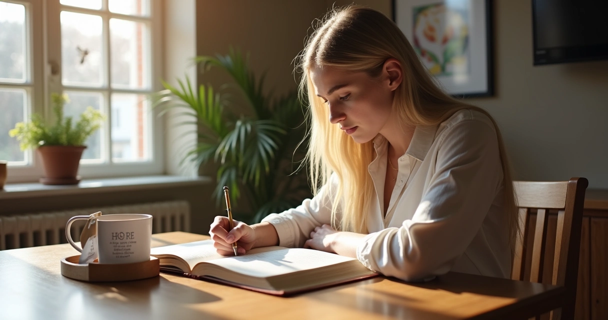 Mulher escrevendo e lendo devocional com caderno e xícara de café 