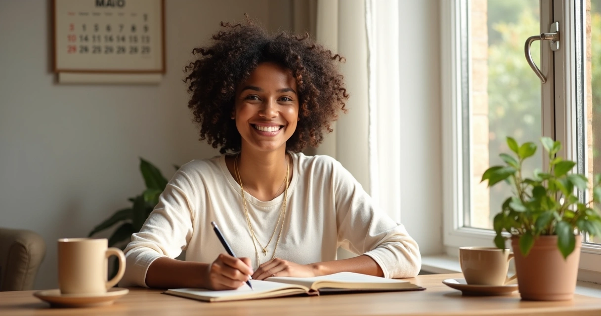 Mulher escrevendo em seu caderno com Bíblia ao lado 