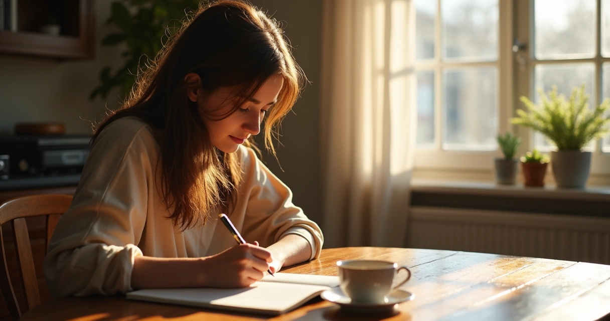 Mulher escrevendo em diário sentada à mesa 