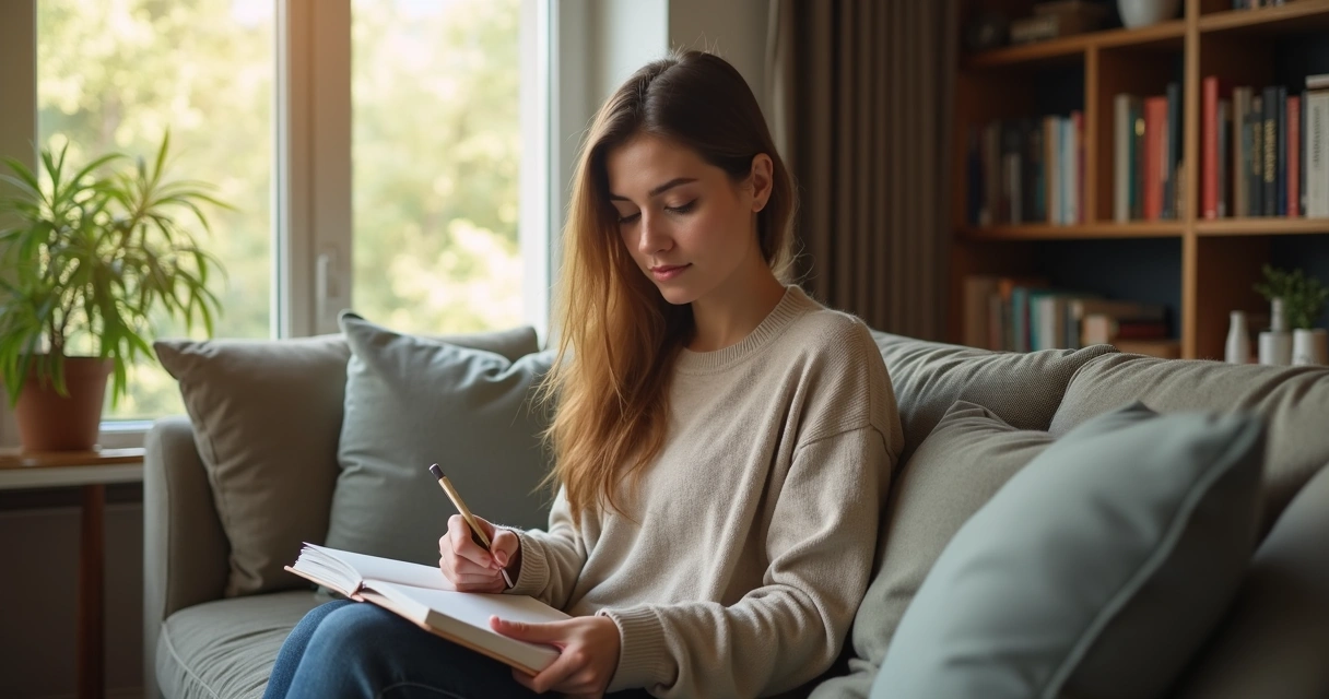 Mulher sentada em um sofá escrevendo em um diário 