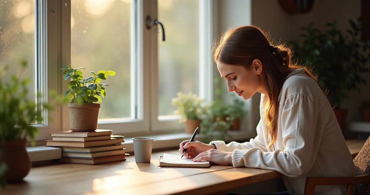Mulher escrevendo em diário com luz natural na mesa 