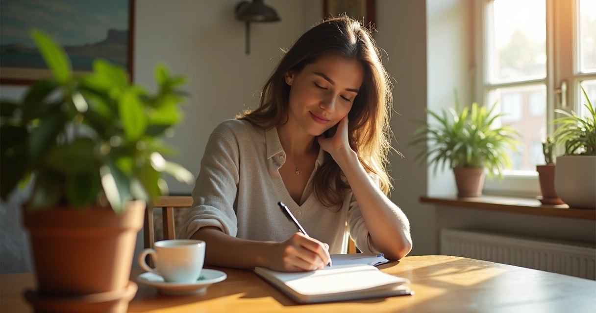 Mulher sentada escrevendo em diário com expressão serena