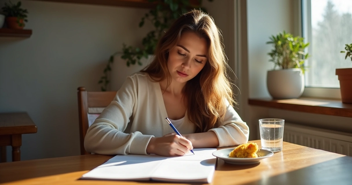 Mulher sentada à mesa, escrevendo em diário com expressão contemplativa, comida simples ao lado 