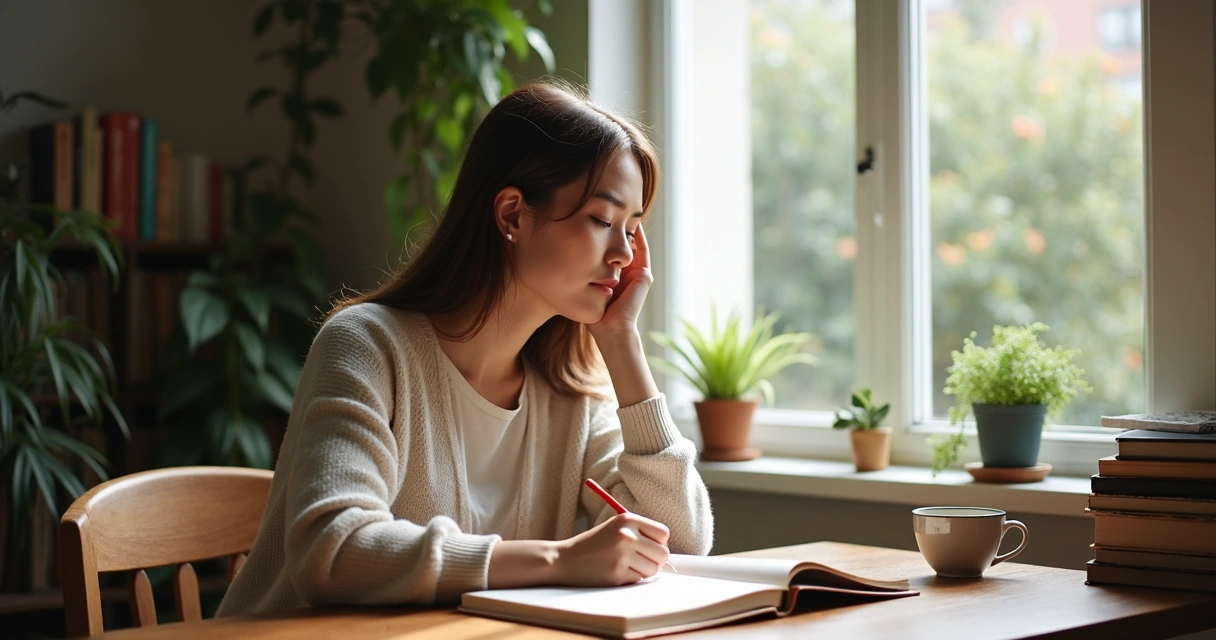 Mulher escrevendo em diário com expressão de reflexão 