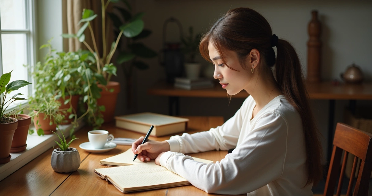 Mulher escrevendo reflexões em diário em mesa com caneca e plantas ao redor. 