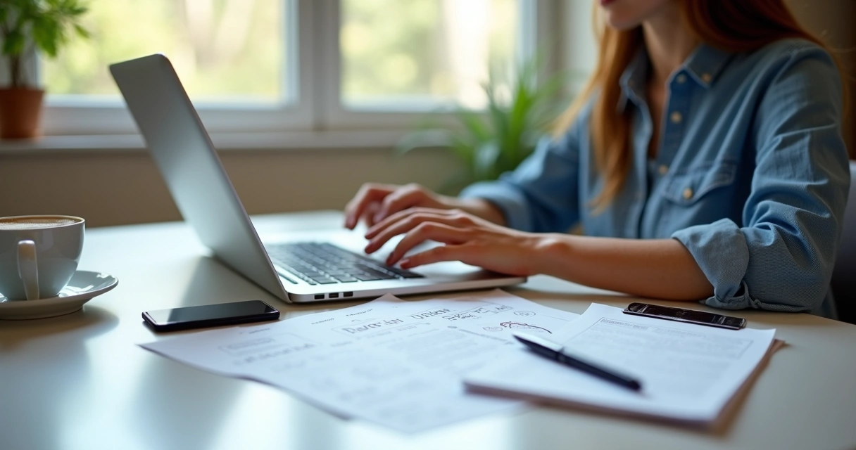 Mulher digitando em laptop com anotações e café à mesa. 