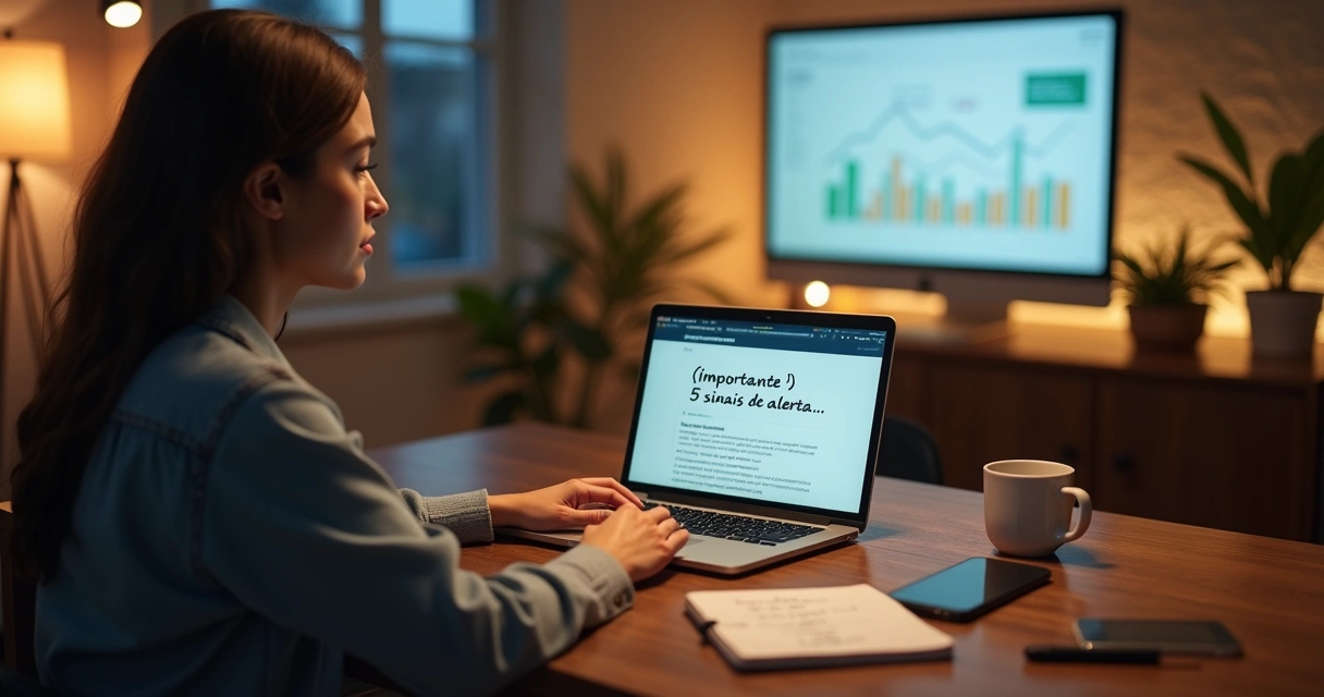 Mulher digitando email promocional em laptop com gráficos de vendas ao fundo 