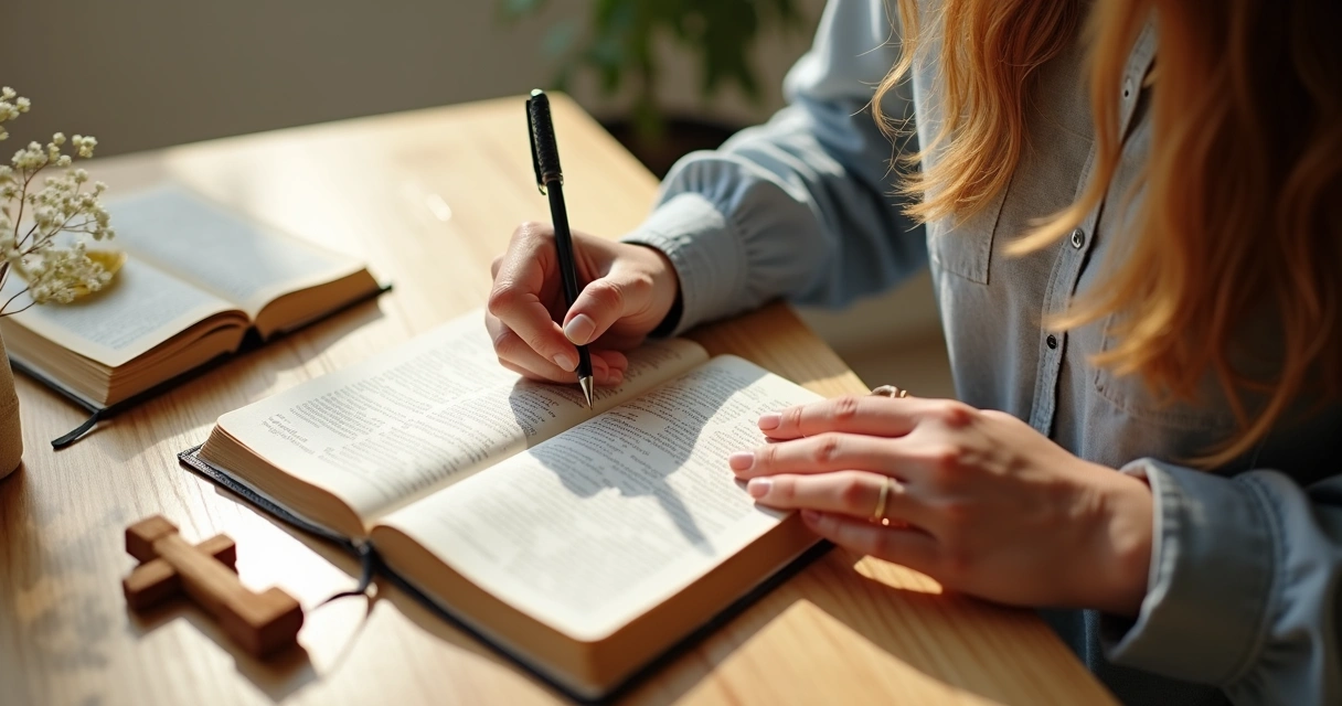 Mulher escrevendo em journal bíblico aberto com Bíblia ao lado sobre mesa de madeira clara 
