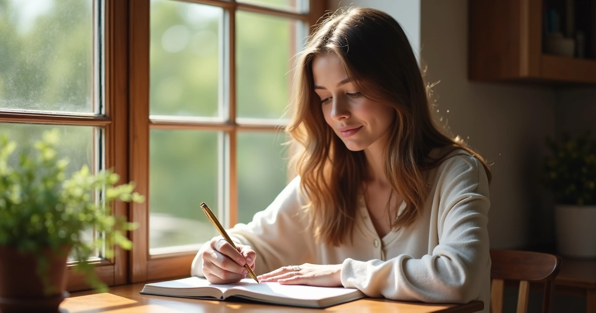 Jovem mulher escrevendo em journal intensamente concentrada 