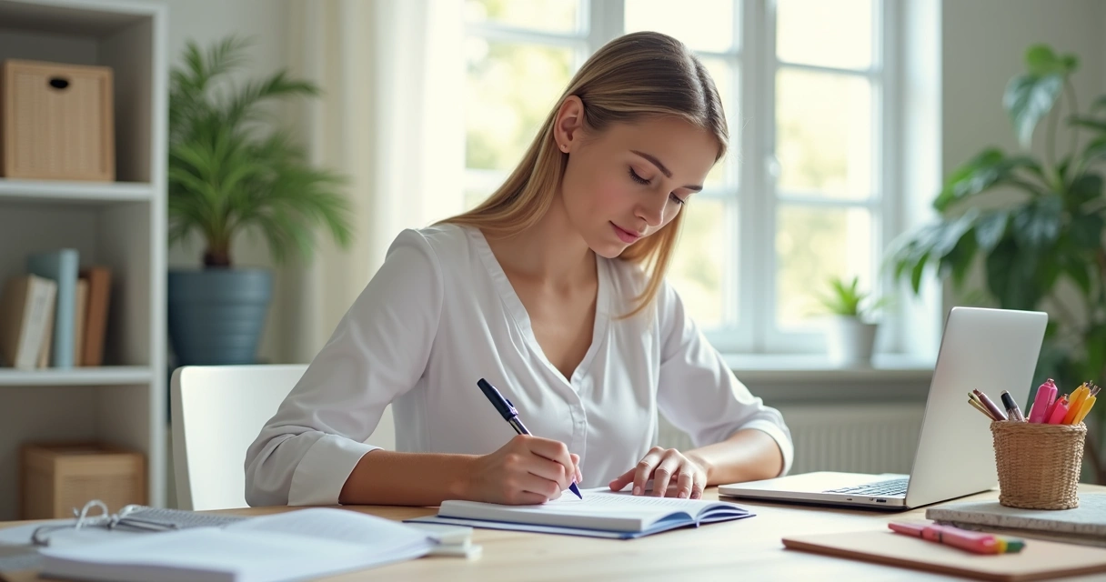 Mulher escrevendo lista em caderno sobre uma mesa clara, ao lado de material de escritório. 