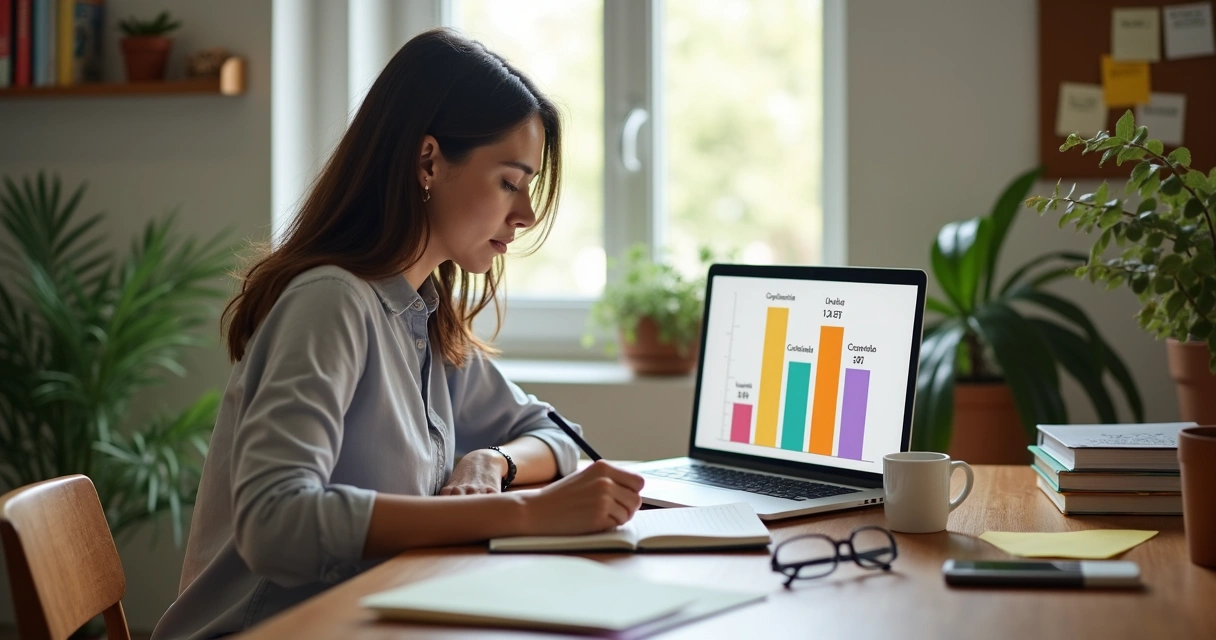 Mulher escrevendo em caderno ao lado de notebook com gráficos de renda 