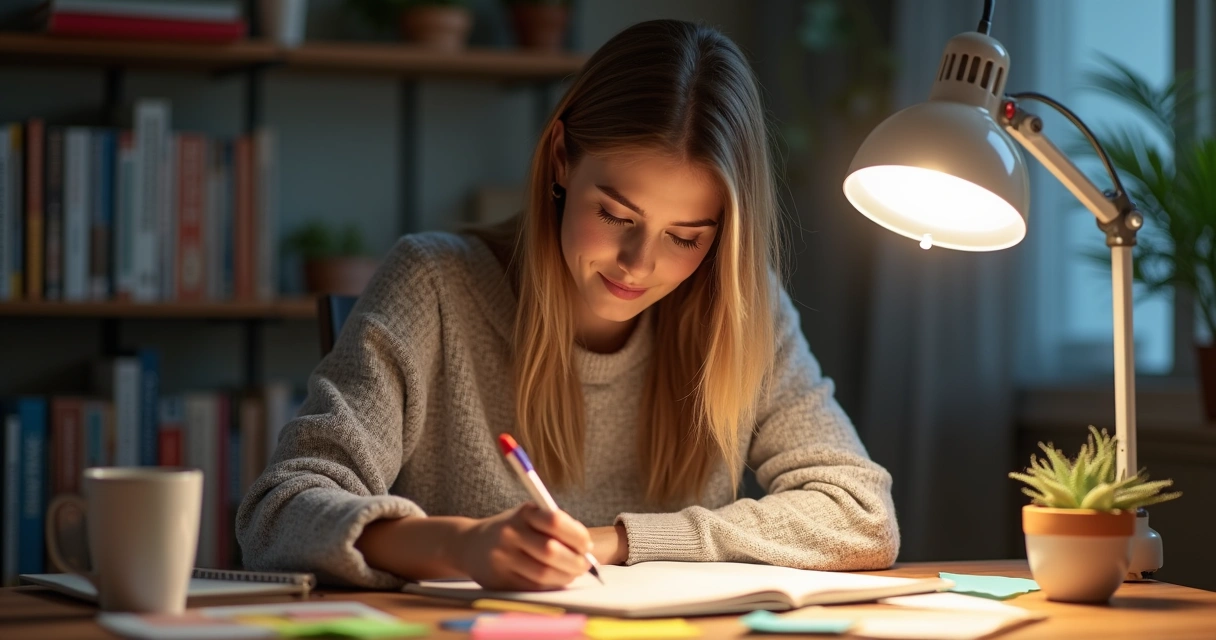 Mulher escrevendo metas em um caderno com caneta azul 