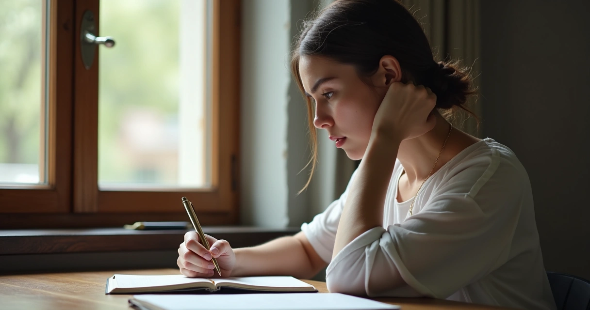 Mulher escrevendo em caderno, olhando para dentro 