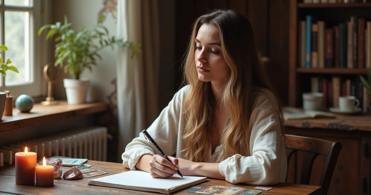 Mulher sentada escrevendo anotações após consulta de tarot 