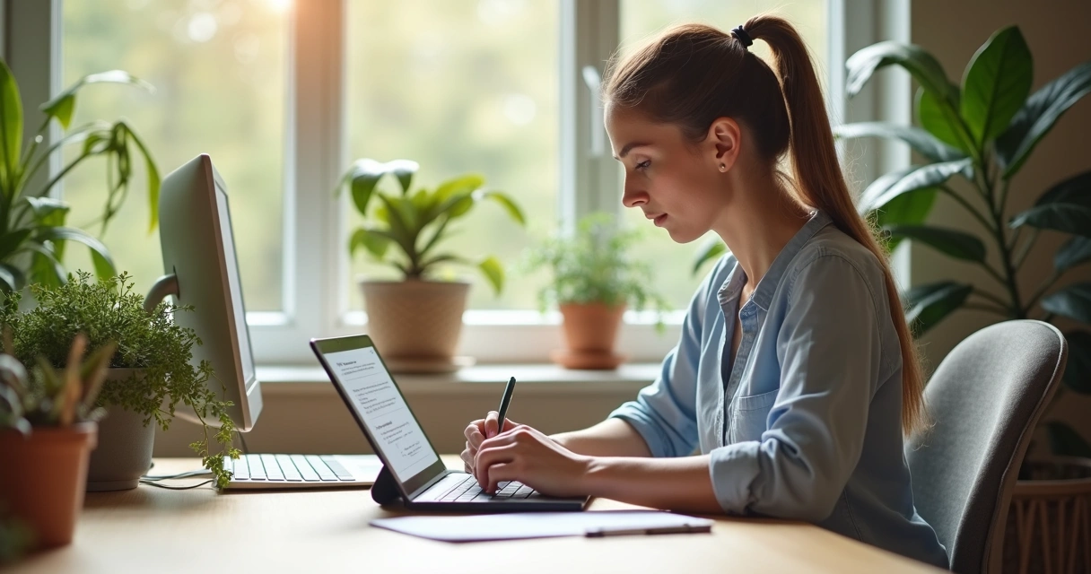 Mulher preenchendo formulário de satisfação em tablet