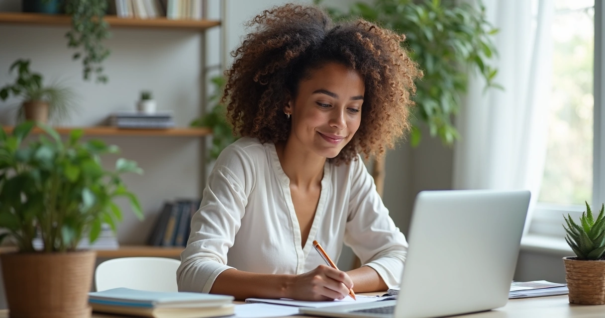 Mulher escrevendo em caderno no escritório com laptop ao lado