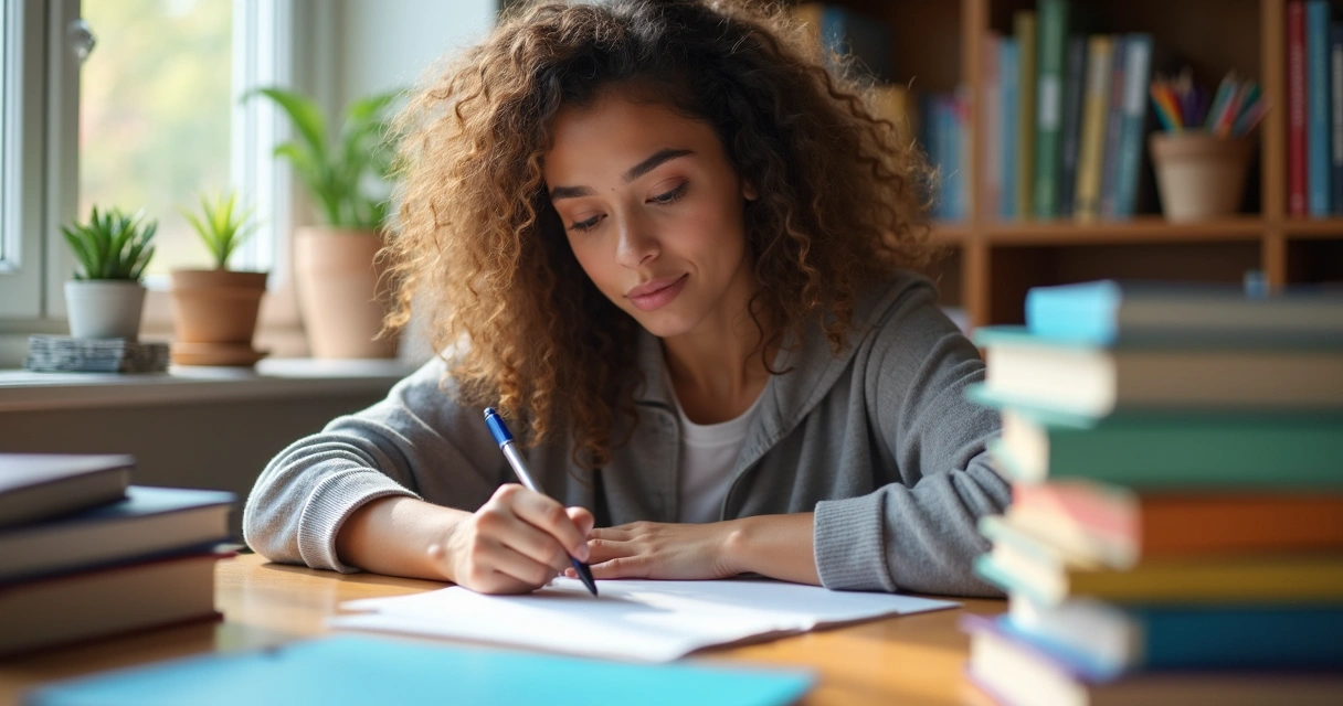 Estudante mulher escrevendo redação, mão sobre o papel