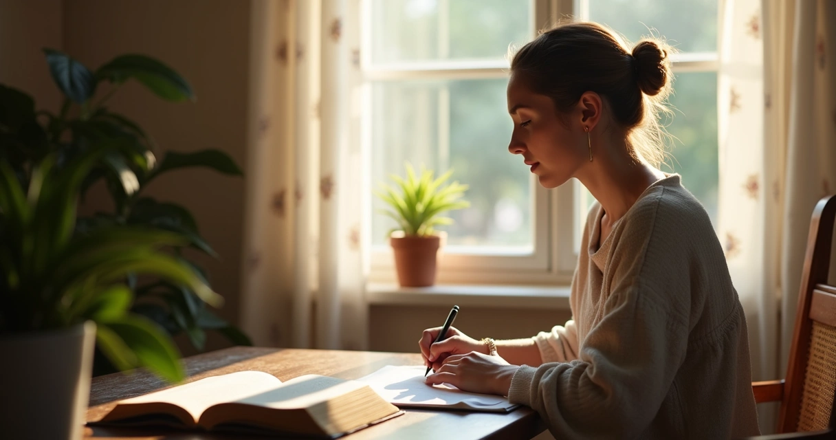 Mulher sentada escrevendo em caderno, ambiente calmo e iluminado por luz natural 