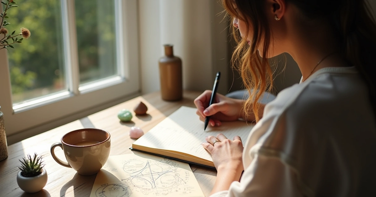 Mulher escrevendo reflexões em um caderno 
