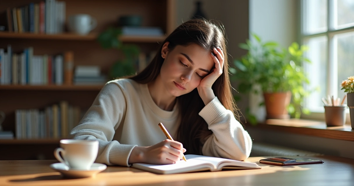Mulher em mesa de madeira escrevendo em caderno, demonstrando reflexão emocional 