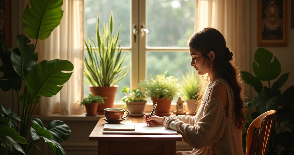 Mulher jovem escrevendo em diário próximo a janela com plantas e luz suave entrando 