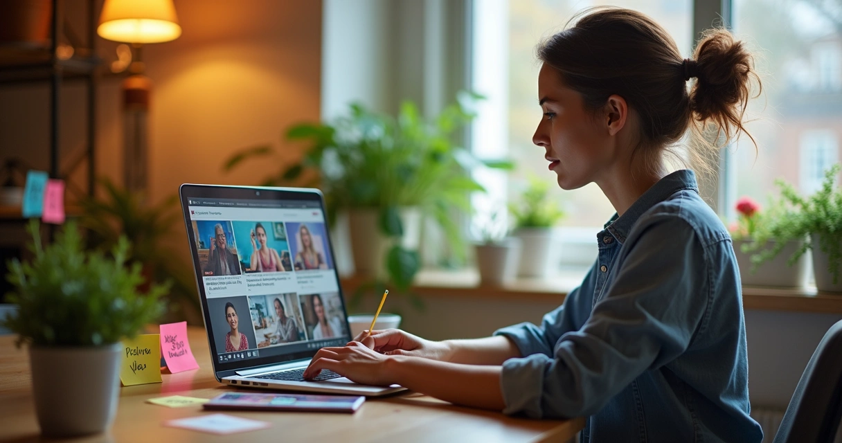 Jovem digitando título em notebook com vídeos curtos no fundo 