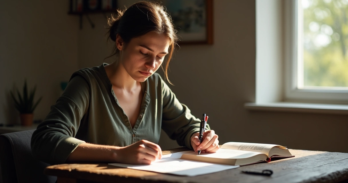 Mulher cristã olhando para um caderno com expressão reflexiva 