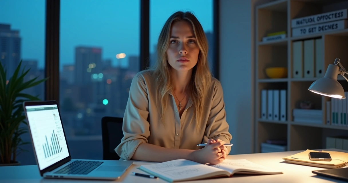 Mulher organizada em escritório moderno com tensão discreta no rosto 