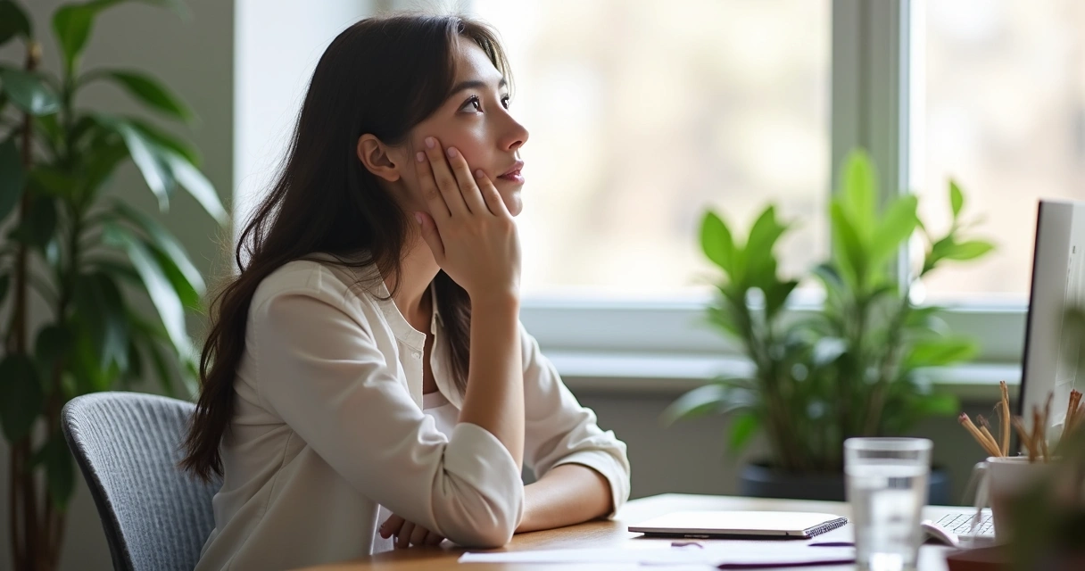 Mulher sentada no escritório olhando para fora da janela com expressão serena 