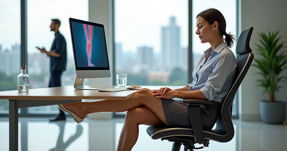 Mulher em escritório massageando panturrilha por causa de pernas cansadas 