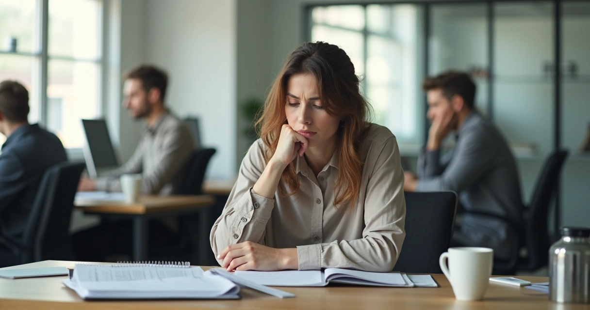 Mulher sentada à mesa do escritório com olhar cansado e expressão preocupada 