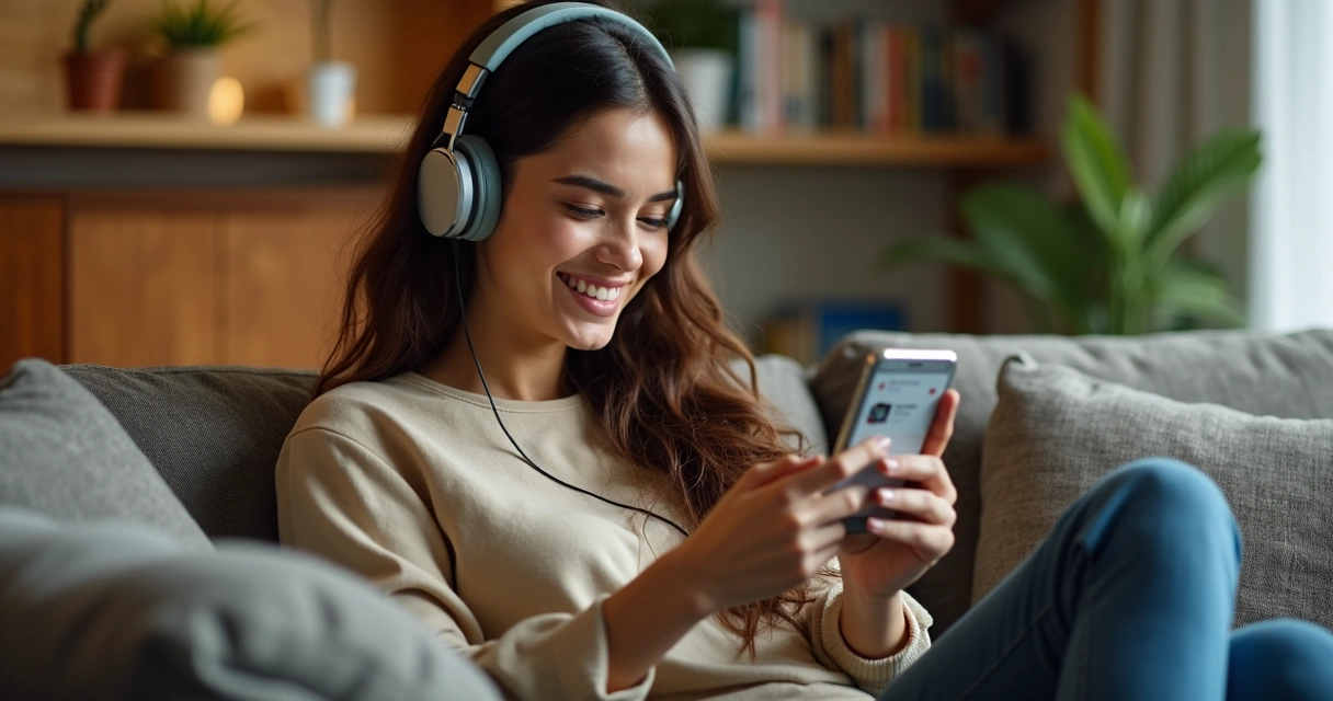 Mulher com fones escutando música em serviço de streaming 