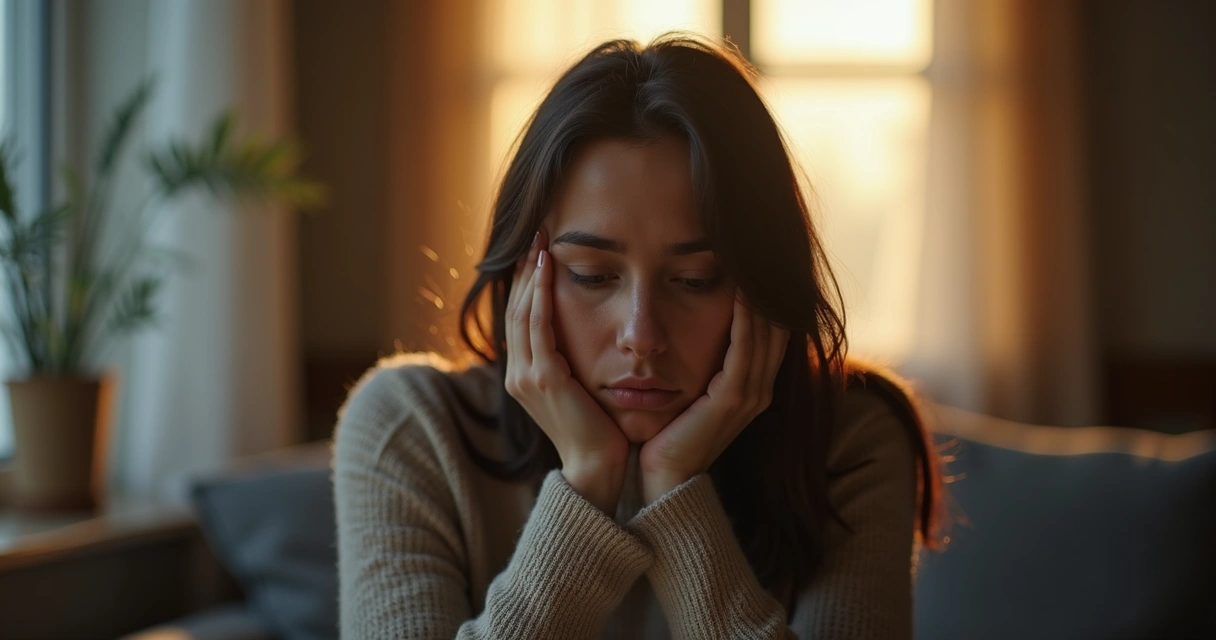Mulher sentada sozinha em ambiente interno, com expressão cansada e pensativa, semblante triste, mãos no rosto, luz suave entrando pela janela, ambiente silencioso e acolhedor 