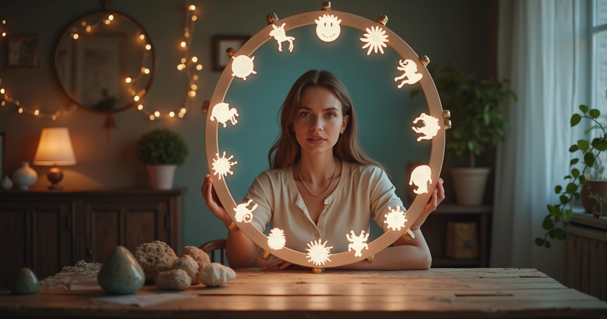 Mulher jovem olhando para espelho com símbolos dos signos ao redor 