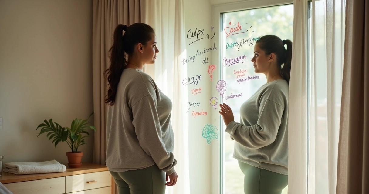 Mulher adulta diante de espelho com anotações sobre padrões alimentares em vidro transparente 