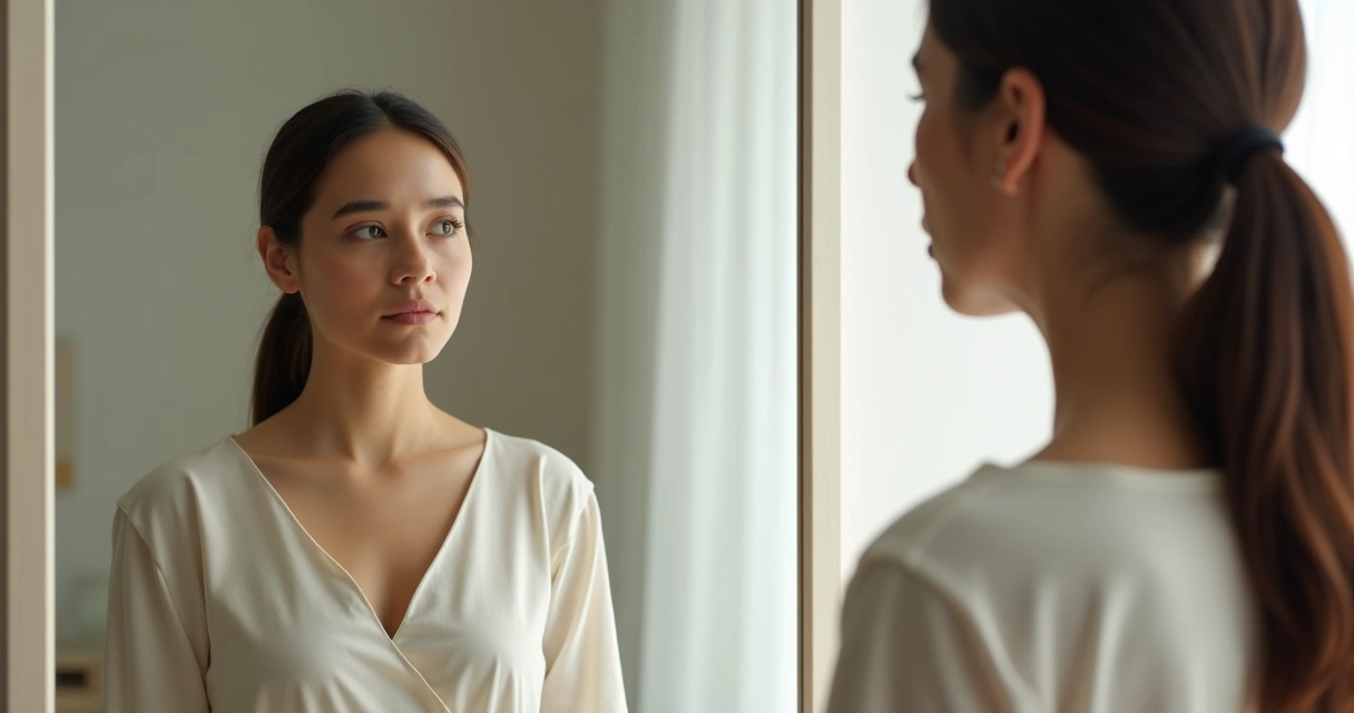 Mulher olhando seu reflexo em espelho grande, expressão pensativa
