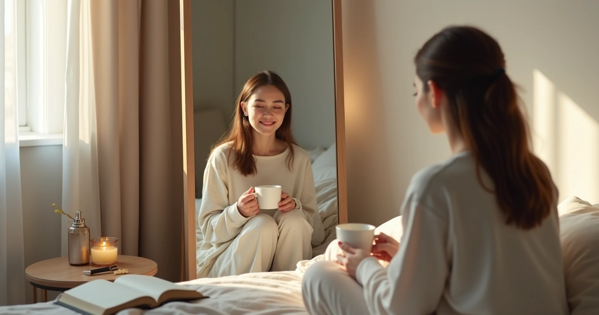 Mulher sentada diante do espelho dividida entre relaxamento e exaustão 