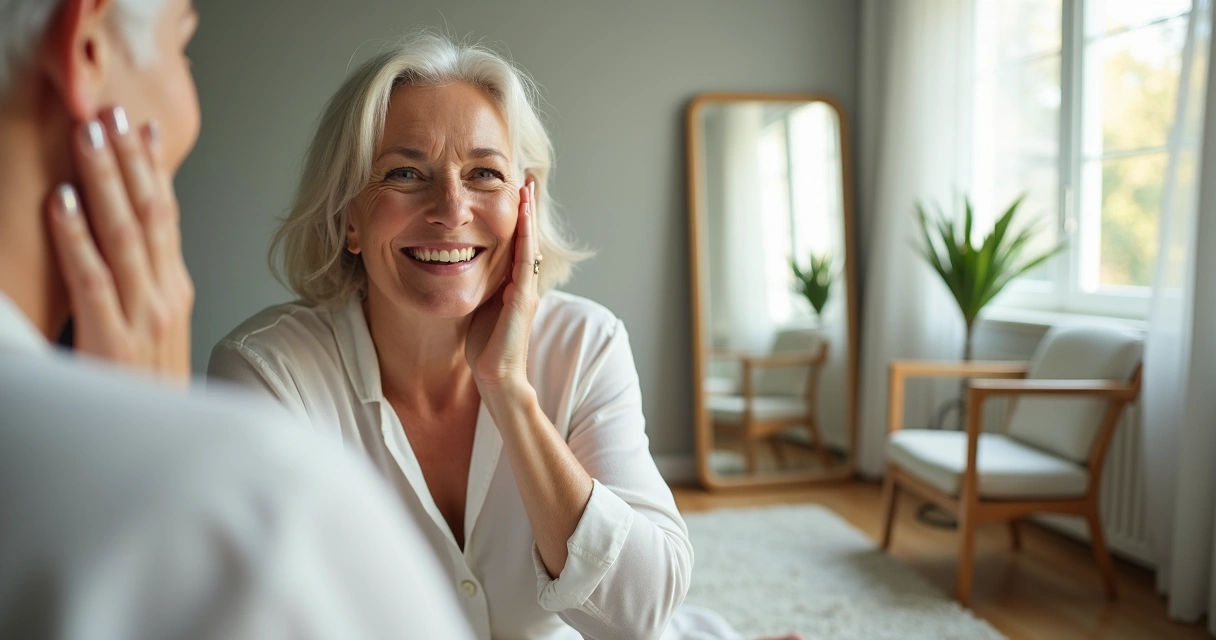 Mulher de meia-idade sorrindo ao se olhar no espelho em quarto iluminado 