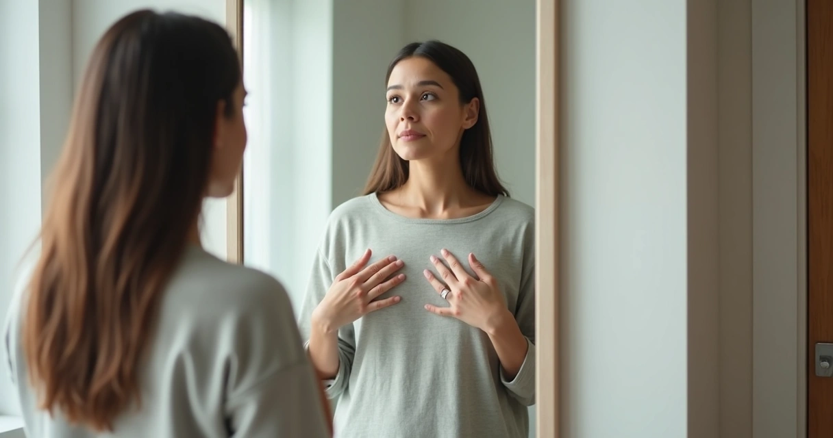 Pessoa adulta se olhando no espelho com reflexo dividido entre clareza e distorção 