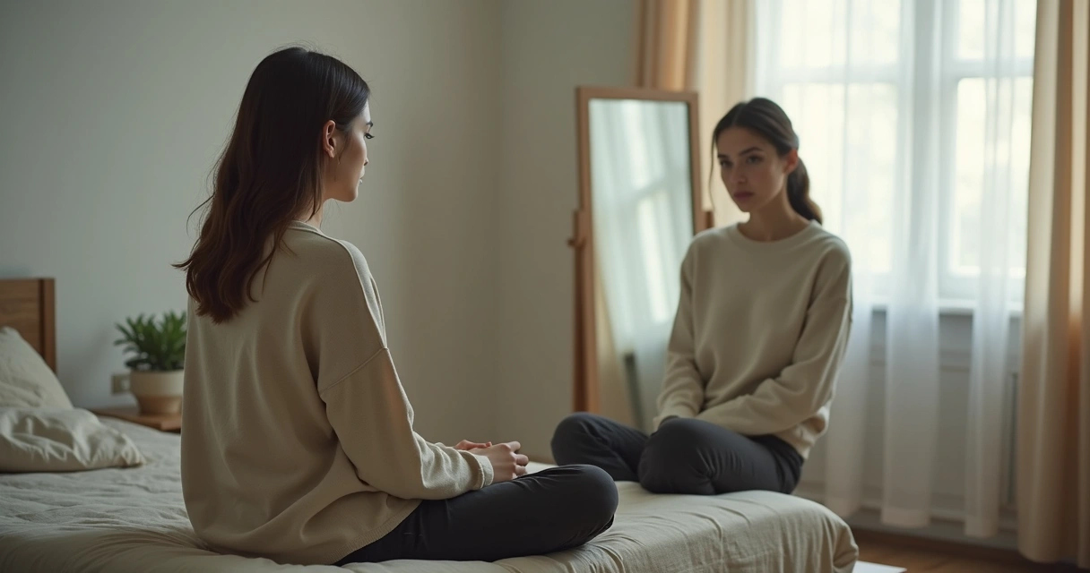 Mulher olhando o próprio reflexo no espelho com expressão pensativa e dividida 