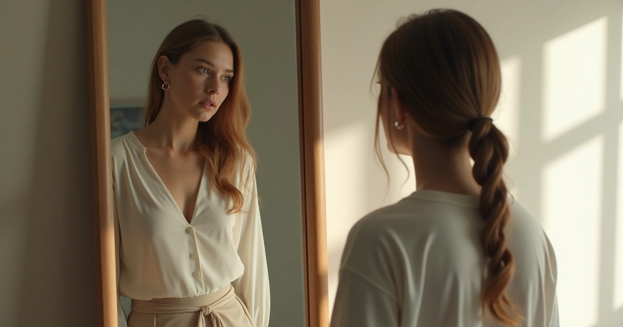 Mulher olhando para si mesma em frente ao espelho, expressão pensativa 