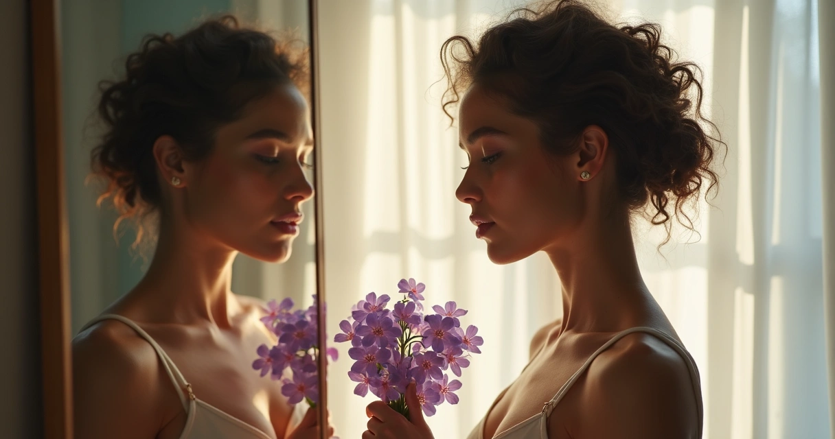 Mulher diante do espelho segurando flores violeta 