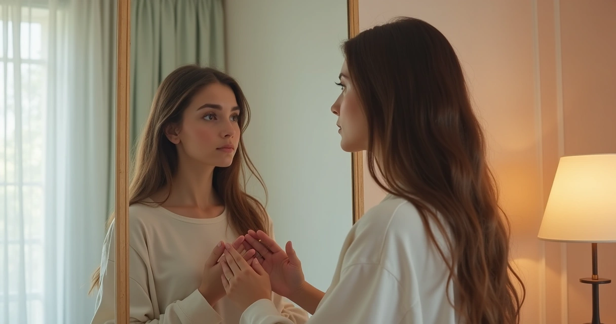 Mulher olhando sua imagem refletida no espelho