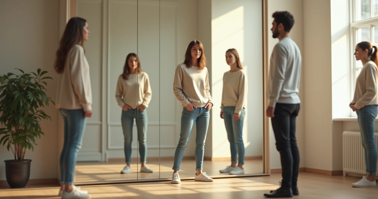 Mulher adulta se olhando no espelho cercada por reflexos diferentes de si mesma 