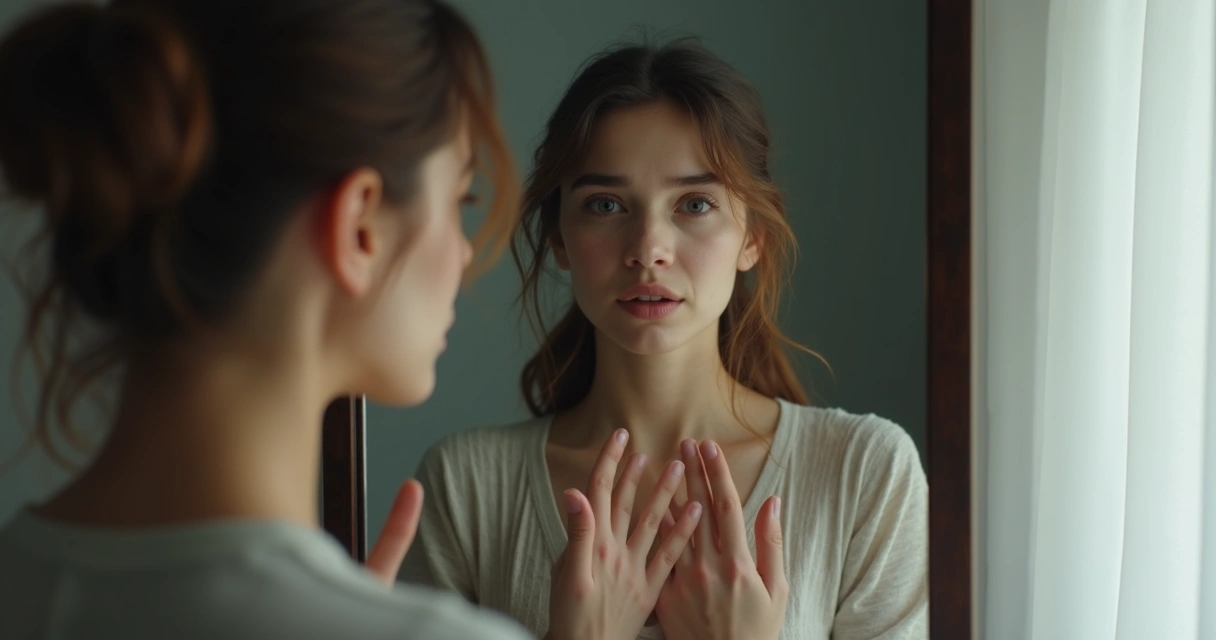 Jovem olhando para o próprio reflexo com expressão pensativa