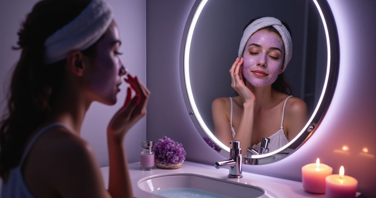 Mulher aplicando máscara de argila no rosto com cristais ao lado em ambiente noturno 