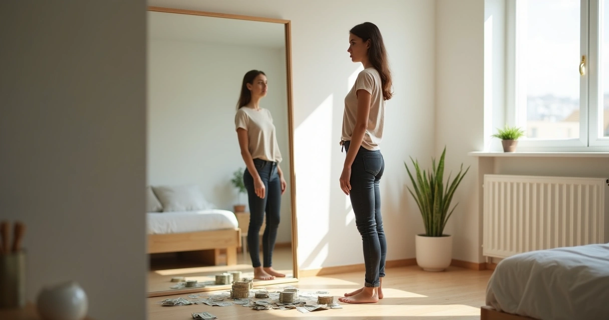 Mulher adulta observa refletida notas de dinheiro gigantes em espelho de corpo inteiro 